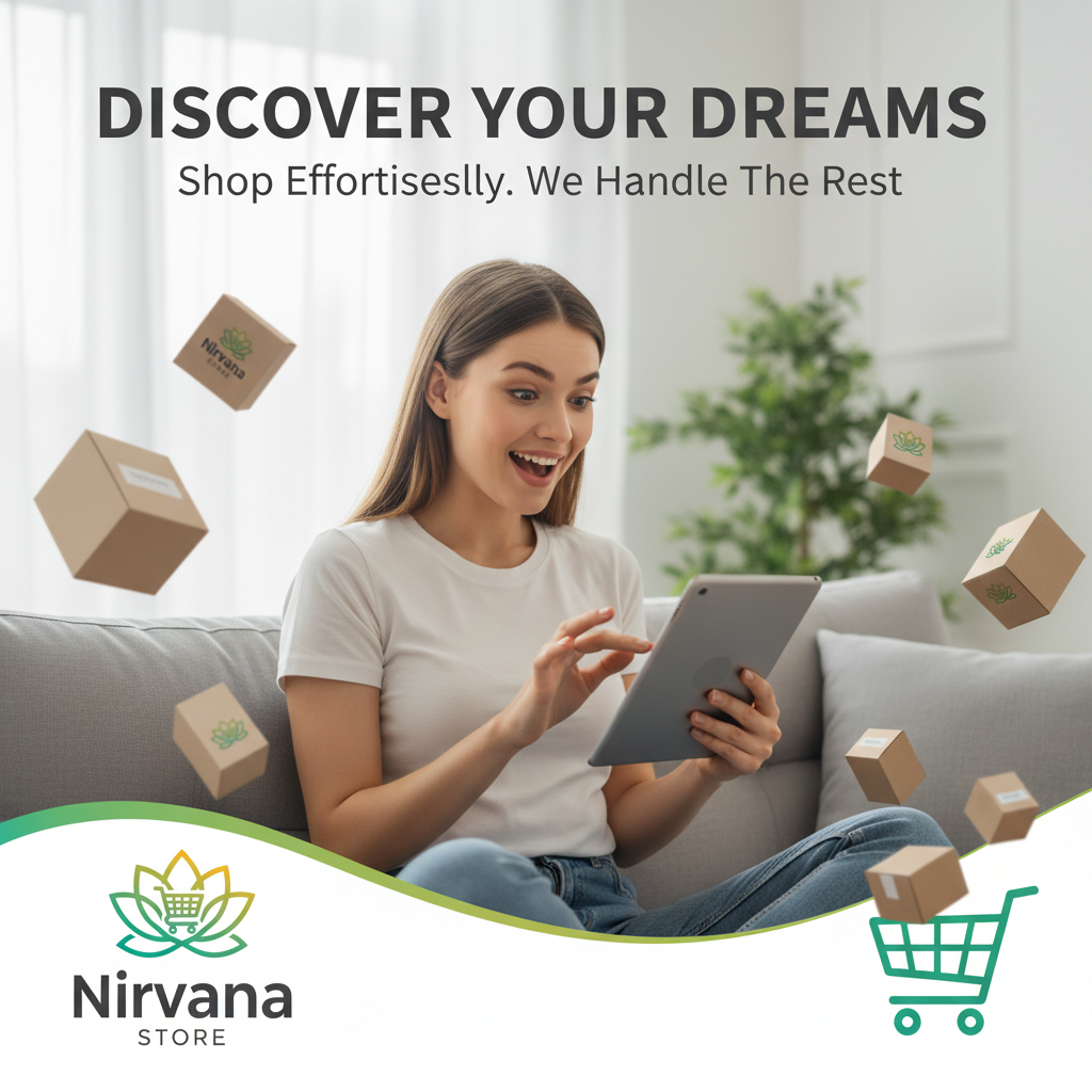 Woman using a tablet on a couch with 'Nirvana Store' branding and product boxes around.